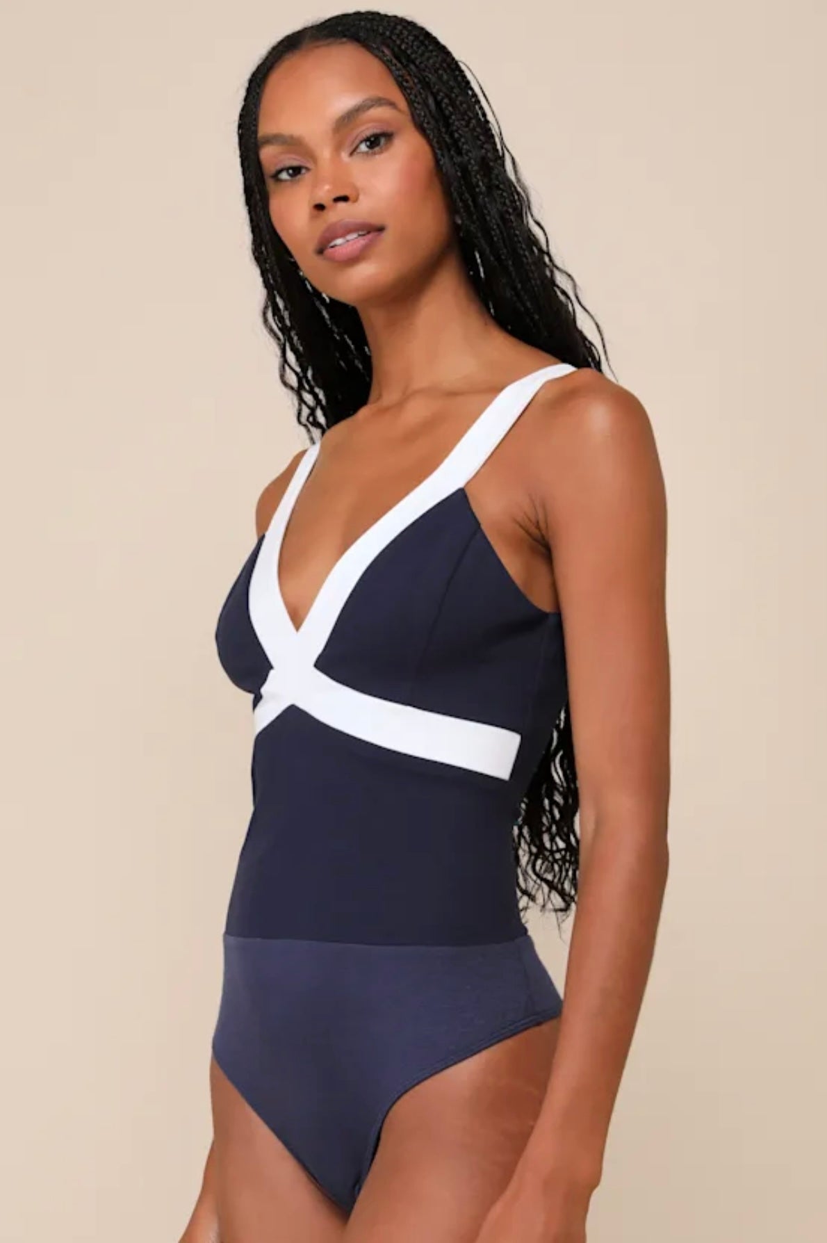 Navy Blue Colorblock V-Neck Bodysuit Small New