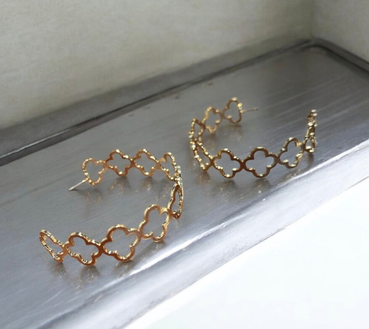 Gold Clover Large Hoop Earrings New