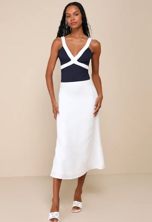 Navy Blue Colorblock V-Neck Bodysuit Small New