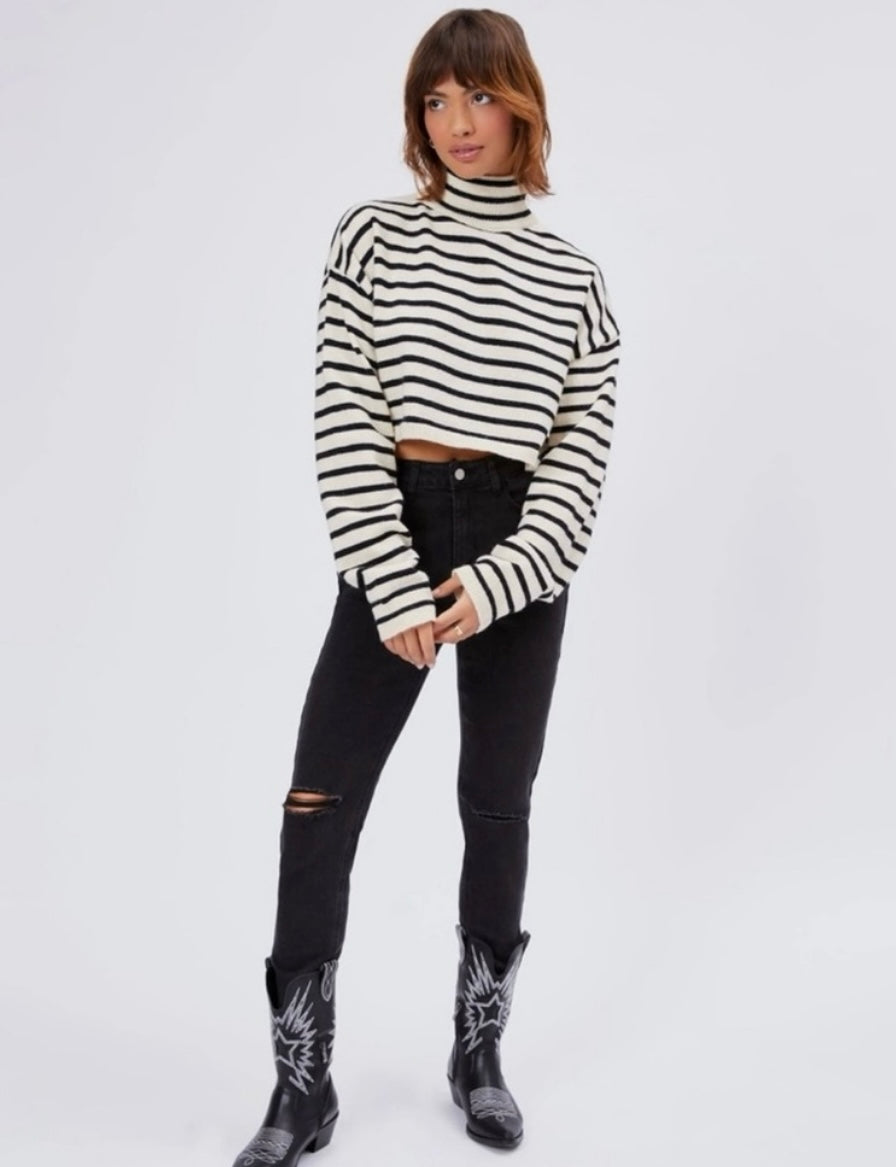 Cider Striped High Neck Oversized Crop Sweater