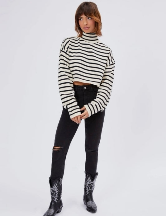 Cider Striped High Neck Oversized Crop Sweater