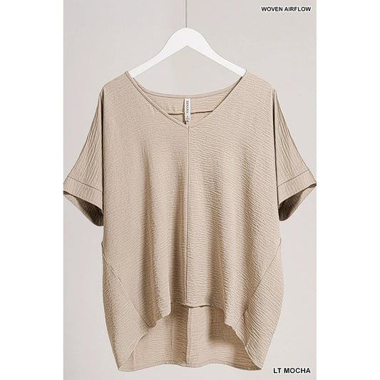 Zenana Women's V Neck Woven Airflow Dolman Short Sleeve Hi-Low Blouse Top