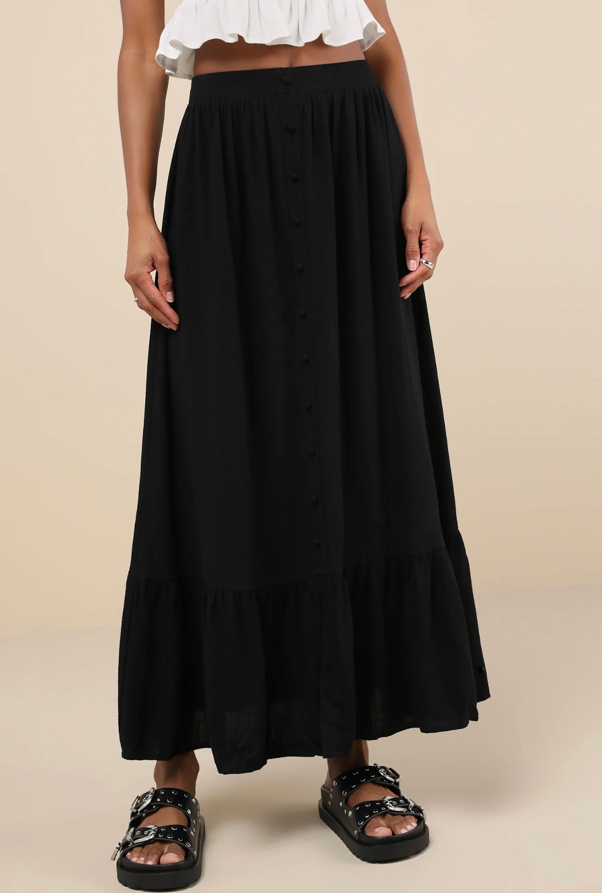 Black Button Linen Midi Skirt Medium New