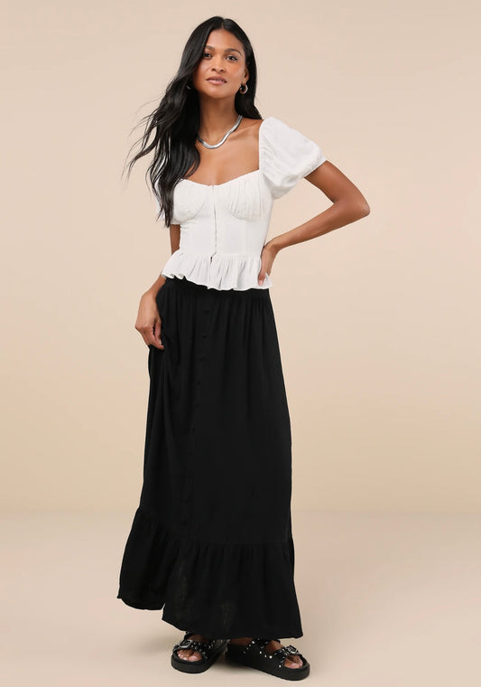 Black Button Linen Midi Skirt Medium New