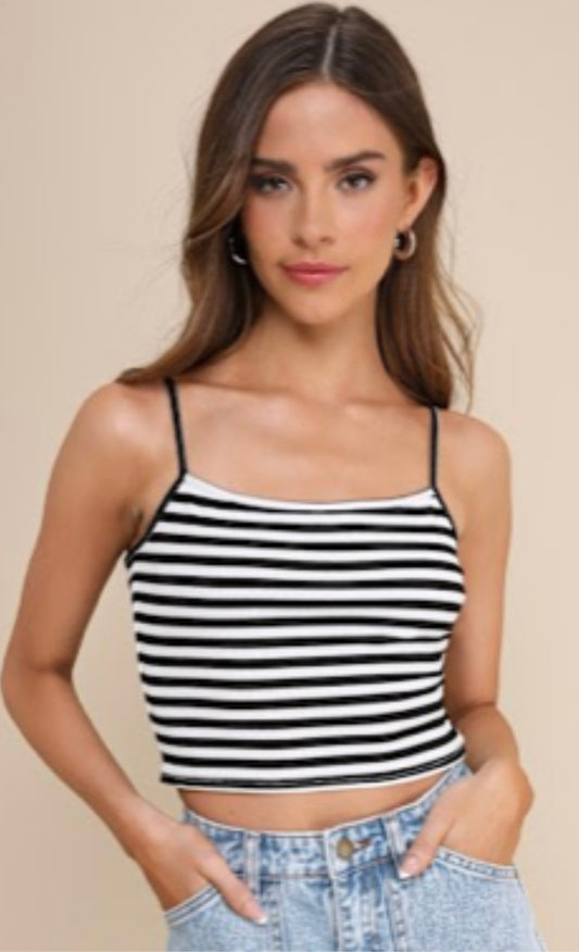 Striped Black & White Crop Cami Tank Top New!