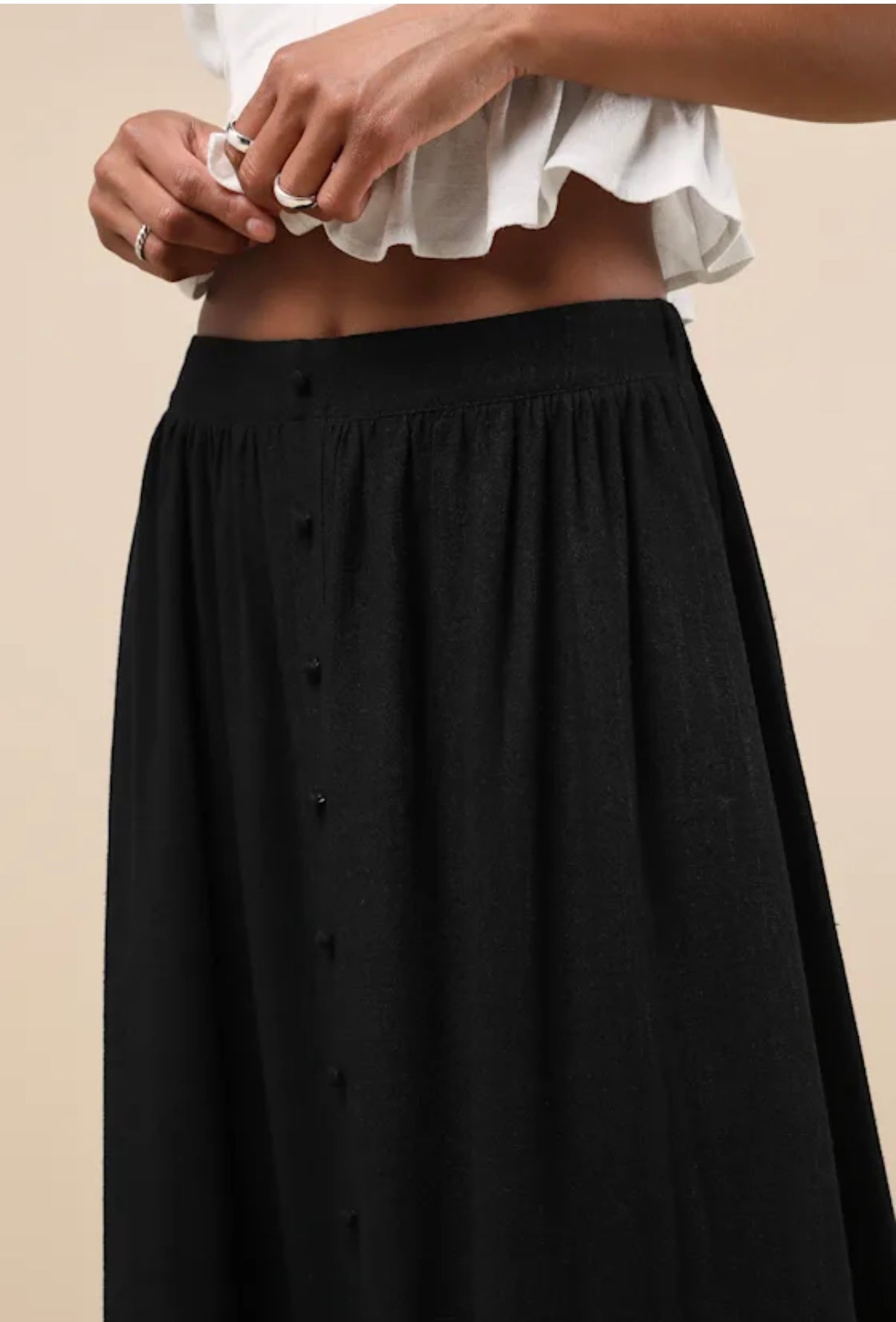 Black Button Linen Midi Skirt Medium New