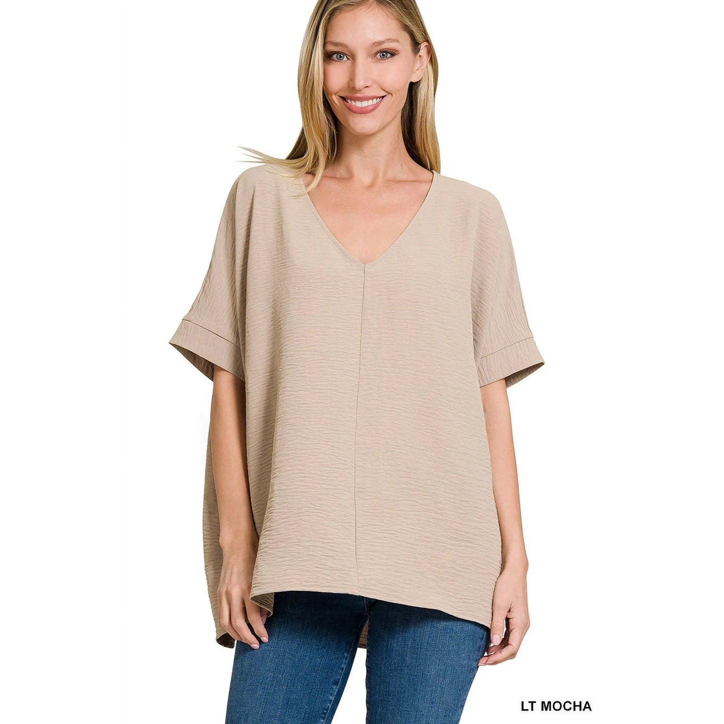 Zenana Women's V Neck Woven Airflow Dolman Short Sleeve Hi-Low Blouse Top